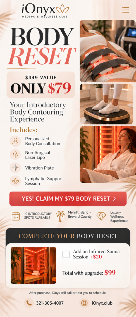 iOnyx Body Reset Introductory Experience: $449 value for $79 with consultation, non-surgical laser lipo pads, vibration plate and lymphatic-support session