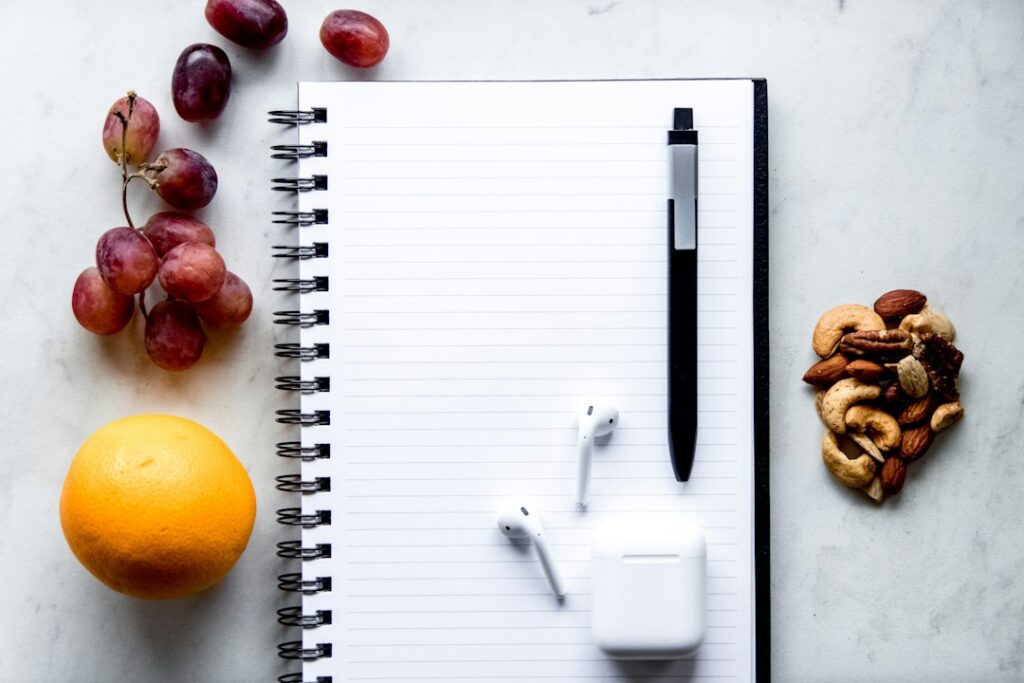 Notebook and healthy lifestyle planning for a weight loss consultation in Merritt Island