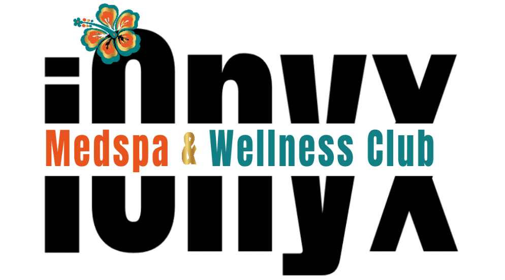 iOnyx Medspa & Wellness Club logo featuring a gold circular frame with floral accent, highlighting services like skincare, massage, body contouring, salt cave, and hot workout studio.